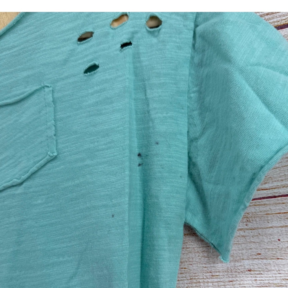 A Rare Bird Teal Distressed Slub Knit Pocket T-Shirt L/XL Short Sleeve Edgy - Picture 3 of 10